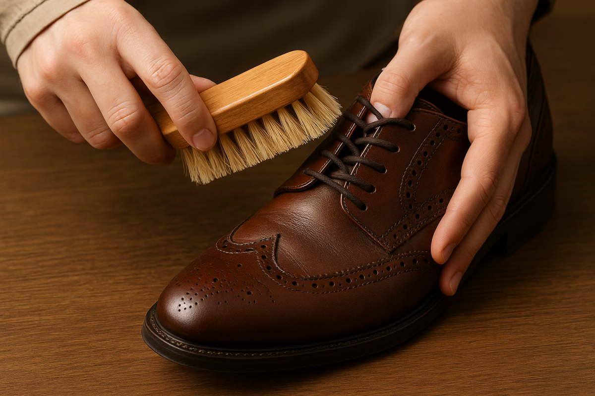 brushing off dirt on a leather shoe with a brush
