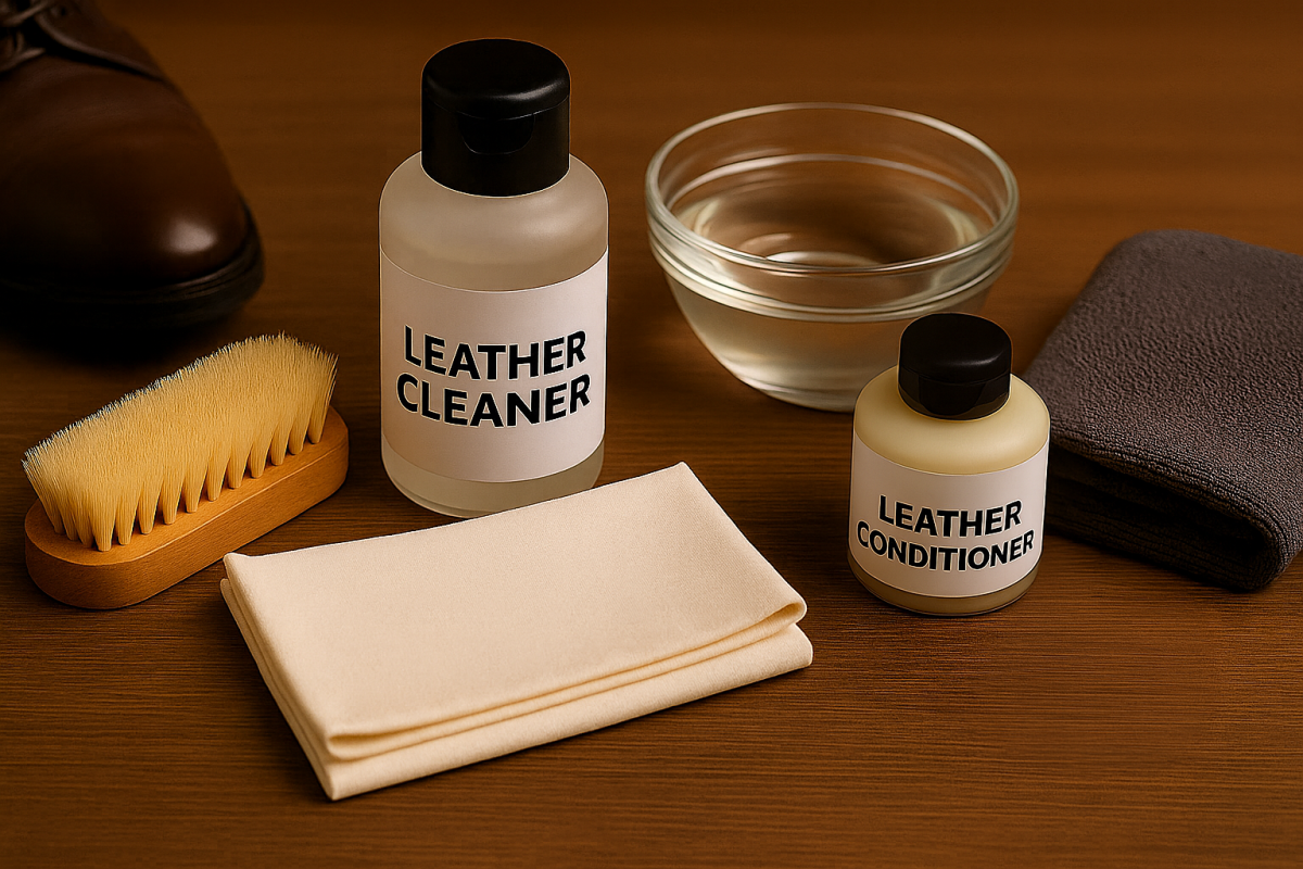 products needed to clean leather shoe on table